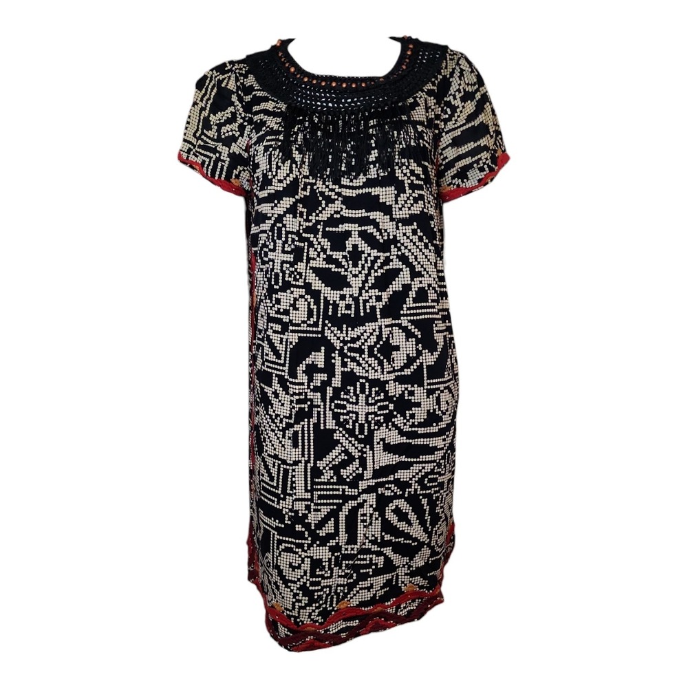 Floreat Anthropologie Dress‎ Large Black Red Embroidered Fringe Abelia Boho